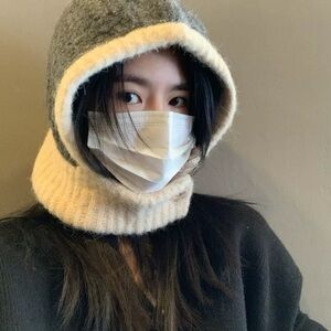 Cozy Gray and Cream Hooded Hat